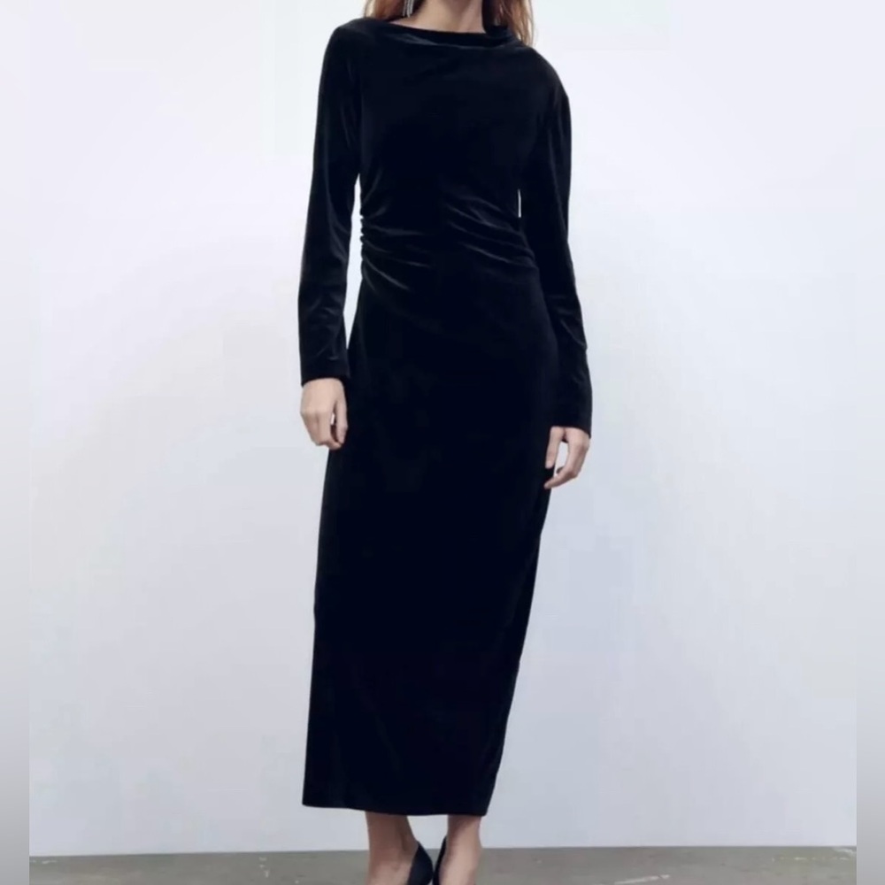 NWT Zara Womens Maxi Dress Black Velvet Ruched Sides Lined Long Sleeves Size S
